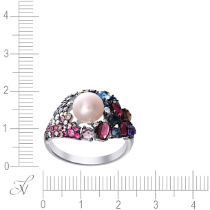 Кольцо из белого золота с бриллиантами, сапфирами, аметистом, раухтопазом, родолитом, топазом, жемчугом