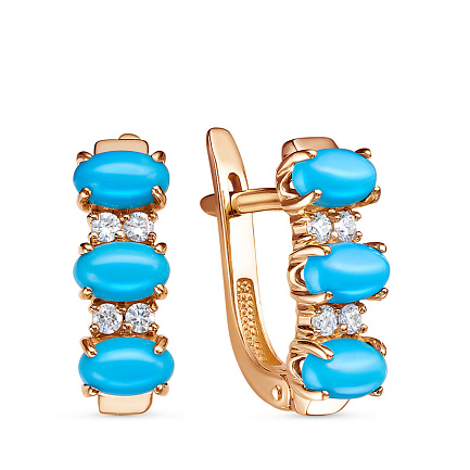 Серьги из красного золота с бриллиантами, бирюзой