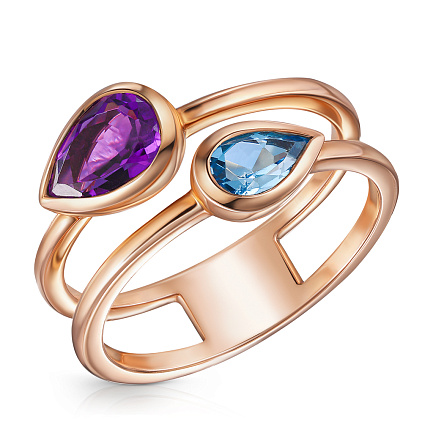 Кольцо из красного золота с аметистом, топазом