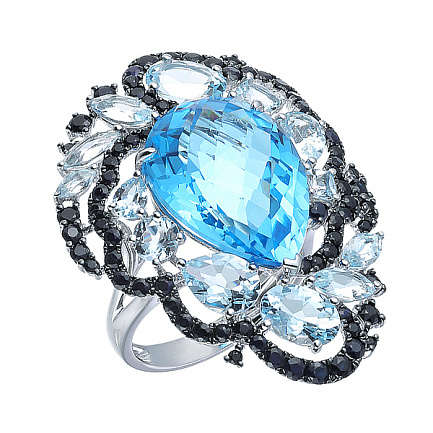 Кольцо из белого золота с сапфирами, топазом