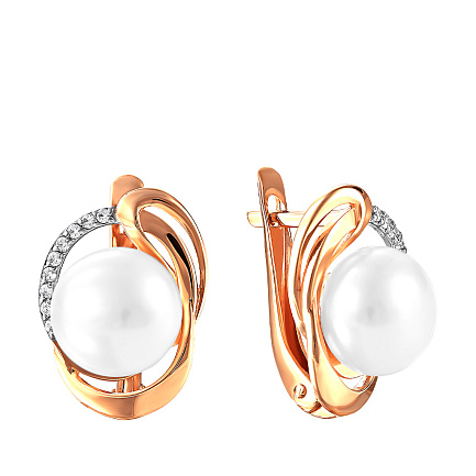 Серьги с английским замком из красного золота с жемчугом