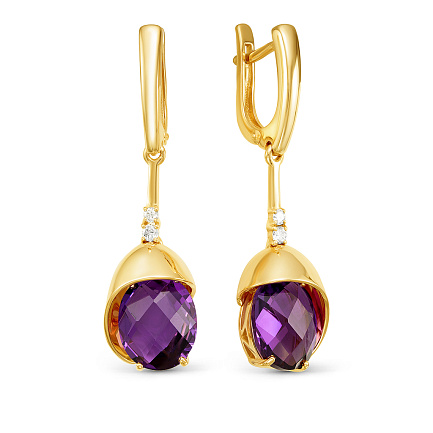 Серьги из желтого золота с бриллиантами, аметистами