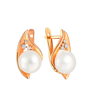 Серьги из красного золота с жемчугом и фианитом