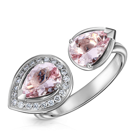 Кольцо из белого золота с бриллиантами, морганитами