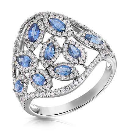 Кольцо из белого золота с бриллиантами, сапфирами