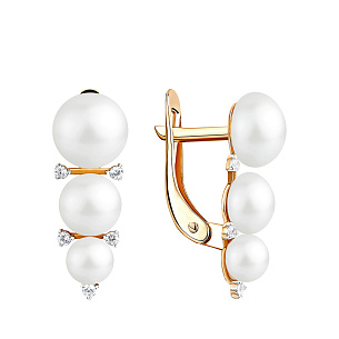 Серьги с английским замком из красного золота с жемчугом и фианитом