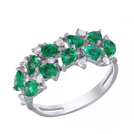 Кольцо из белого золота с бриллиантами, изумрудами