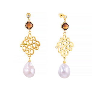 Пусеты из серебра с жемчугом, фианитом, стеклом