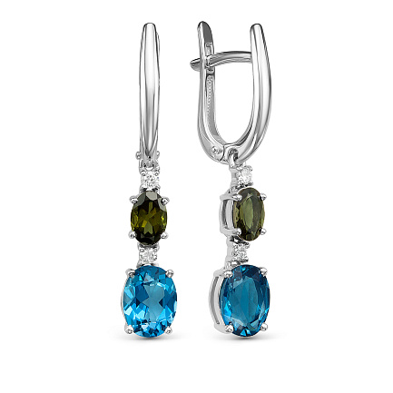 Серьги из белого золота с бриллиантами, топазами