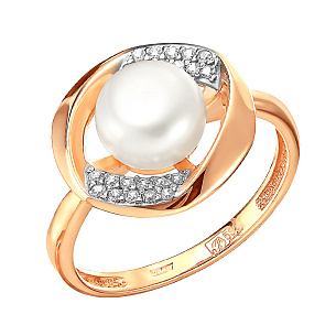 Кольцо из красного золота с жемчугом и фианитом