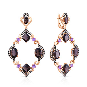 Серьги с английским замком из красного золота с бриллиантами, аметистами и раухтопазами