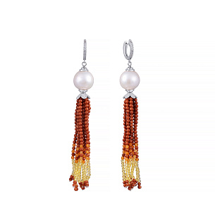 Серьги из серебра с цитрином, авантюрином, жемчугами, фианитом