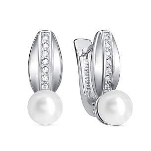 Серьги с английским замком из серебра с фианитами и жемчугами