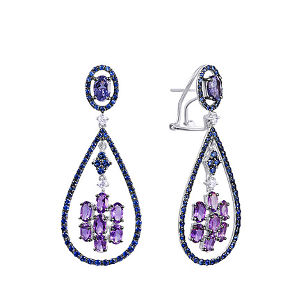 Серьги из белого золота с бриллиантами, аметистами