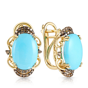 Серьги с английским замком из желтого золота с бриллиантами и бирюзой