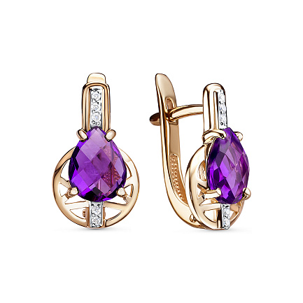 Серьги из красного золота с бриллиантами, аметистами